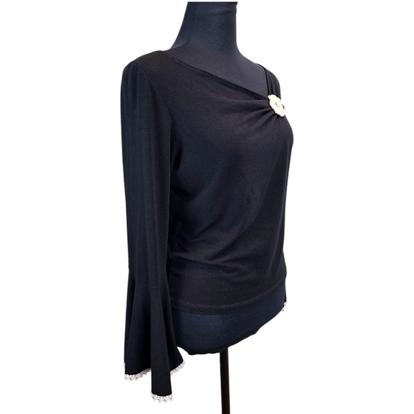 Vintage Y2K Black Knit Top MP Flared Sleeves Rosette Flower Balletcore Soft Girl - Picture 4 of 16